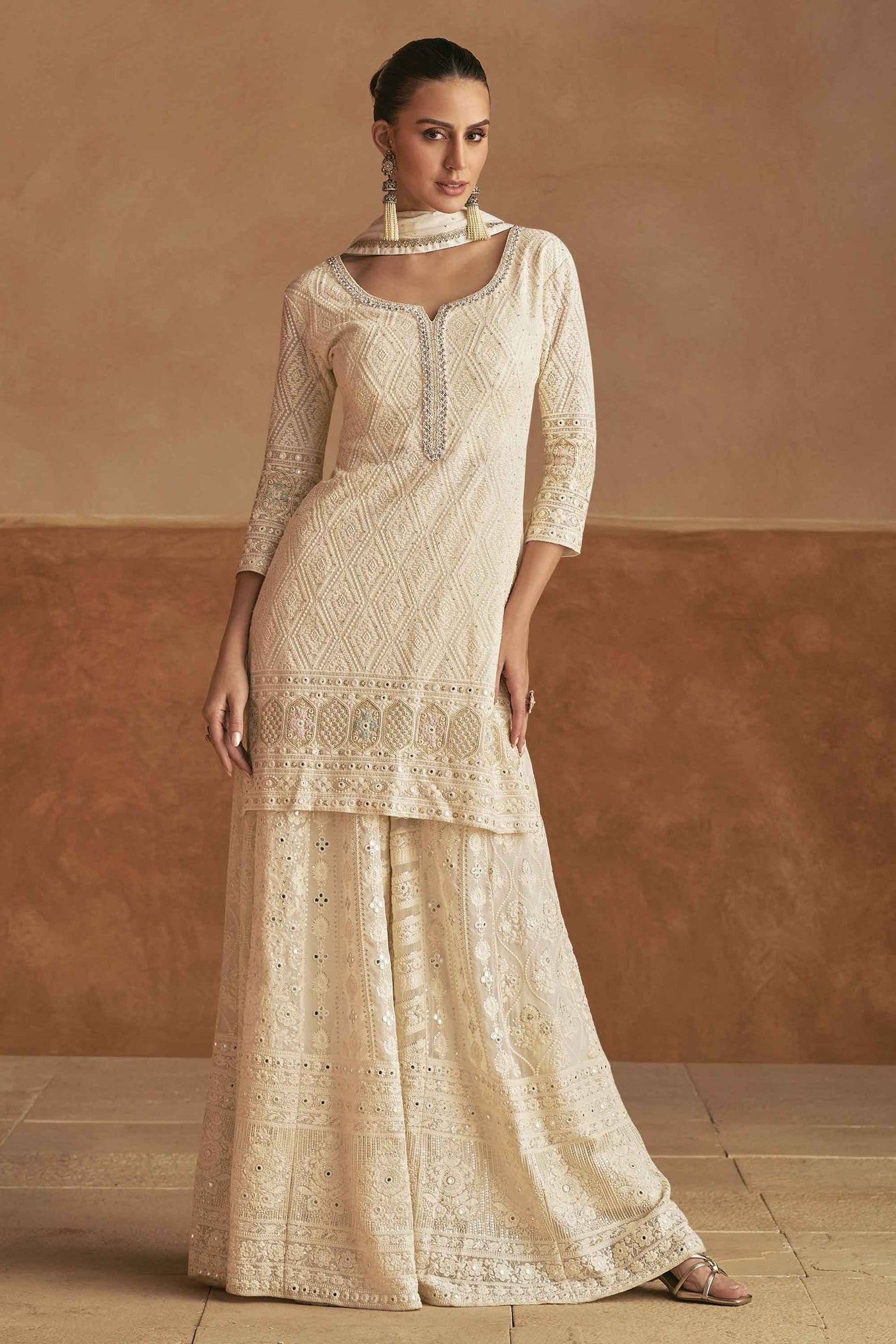 Traditional Off White Embroidered Georgette Palazzo Dress
