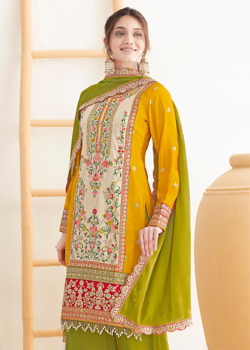 Cream & Yellow Dabka Dori & Mirror Pant Style Suit