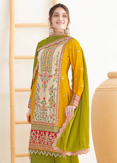 Cream & Yellow Dabka Dori & Mirror Pant Style Suit