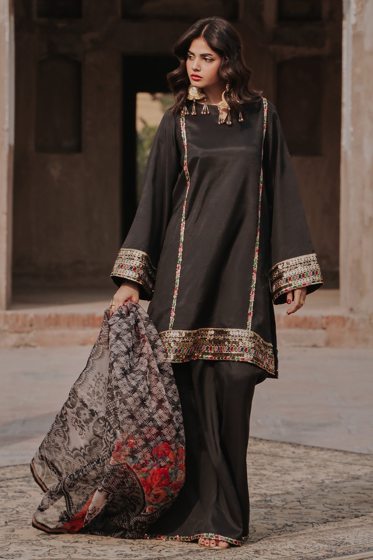 3-PC Embroidered Raw-Silk Suit By Charizma
