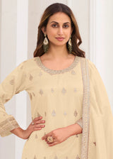 Cream White Simar Silk Embroidered Suit