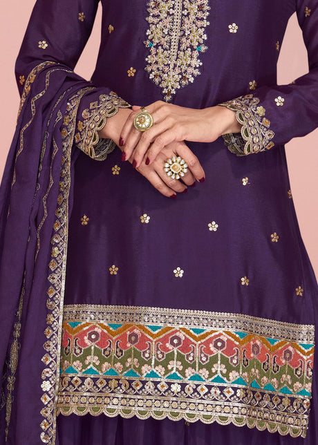 Eggplant Purple Chinon Silk Sharara Suit