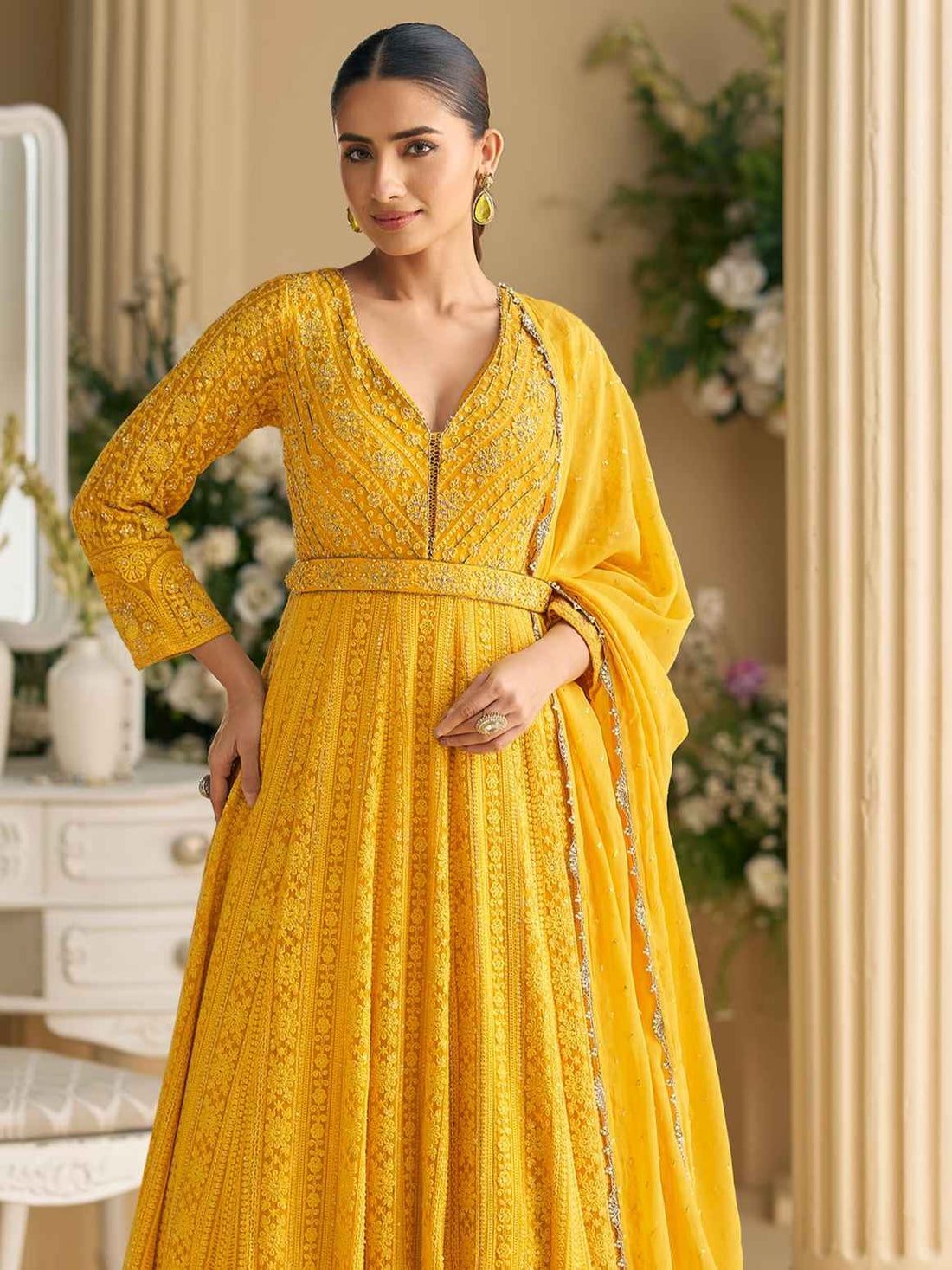Mustard Yellow Real Georgette Chikankari Anarkali Suit