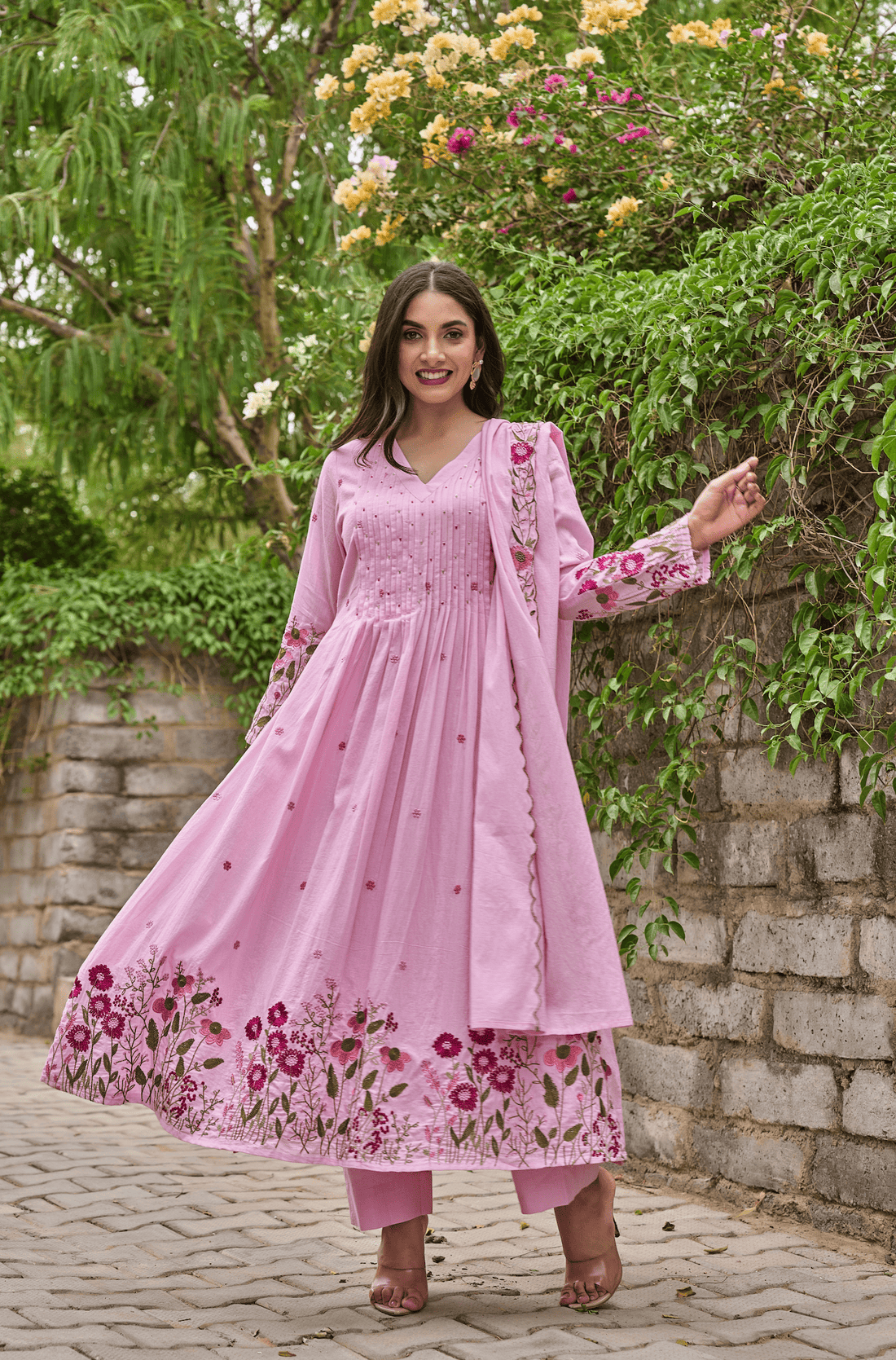 Pink Chanderi Silk Embroidered & Handwork Anarkali Set