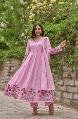 Pink Chanderi Silk Embroidered & Handwork Anarkali Set