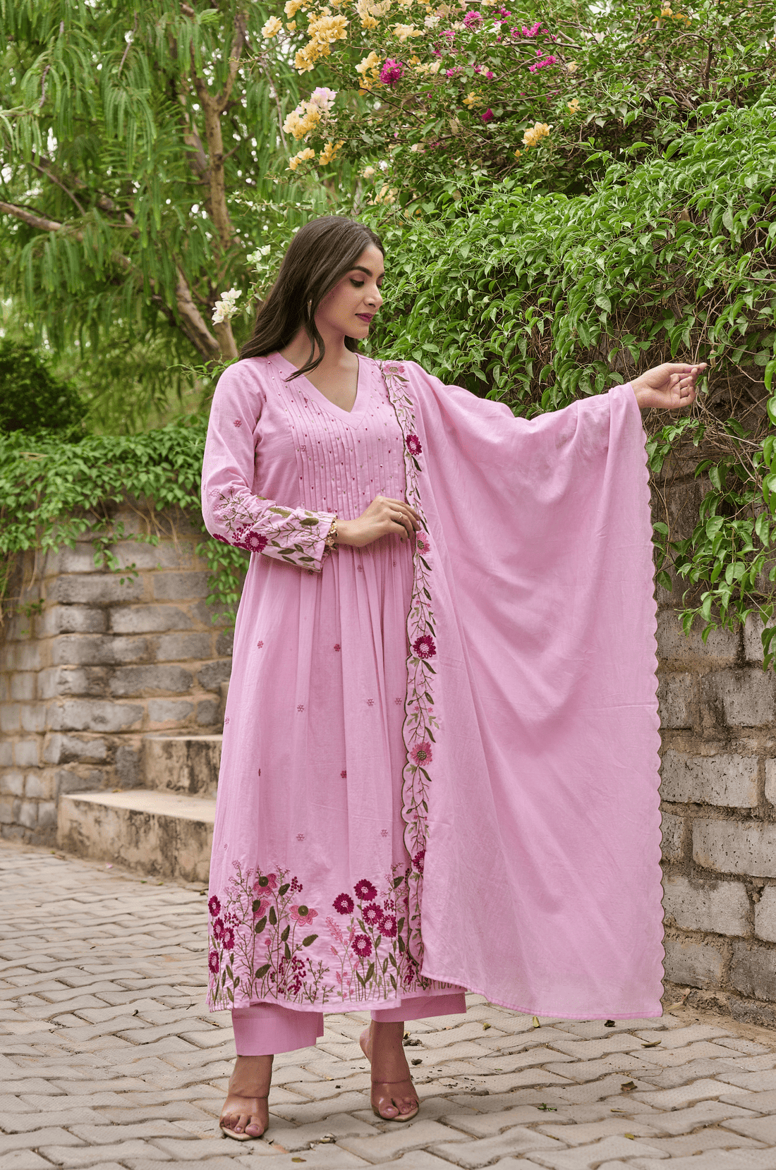 Pink Chanderi Silk Embroidered & Handwork Anarkali Set