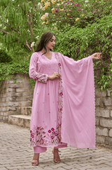 Pink Chanderi Silk Embroidered & Handwork Anarkali Set