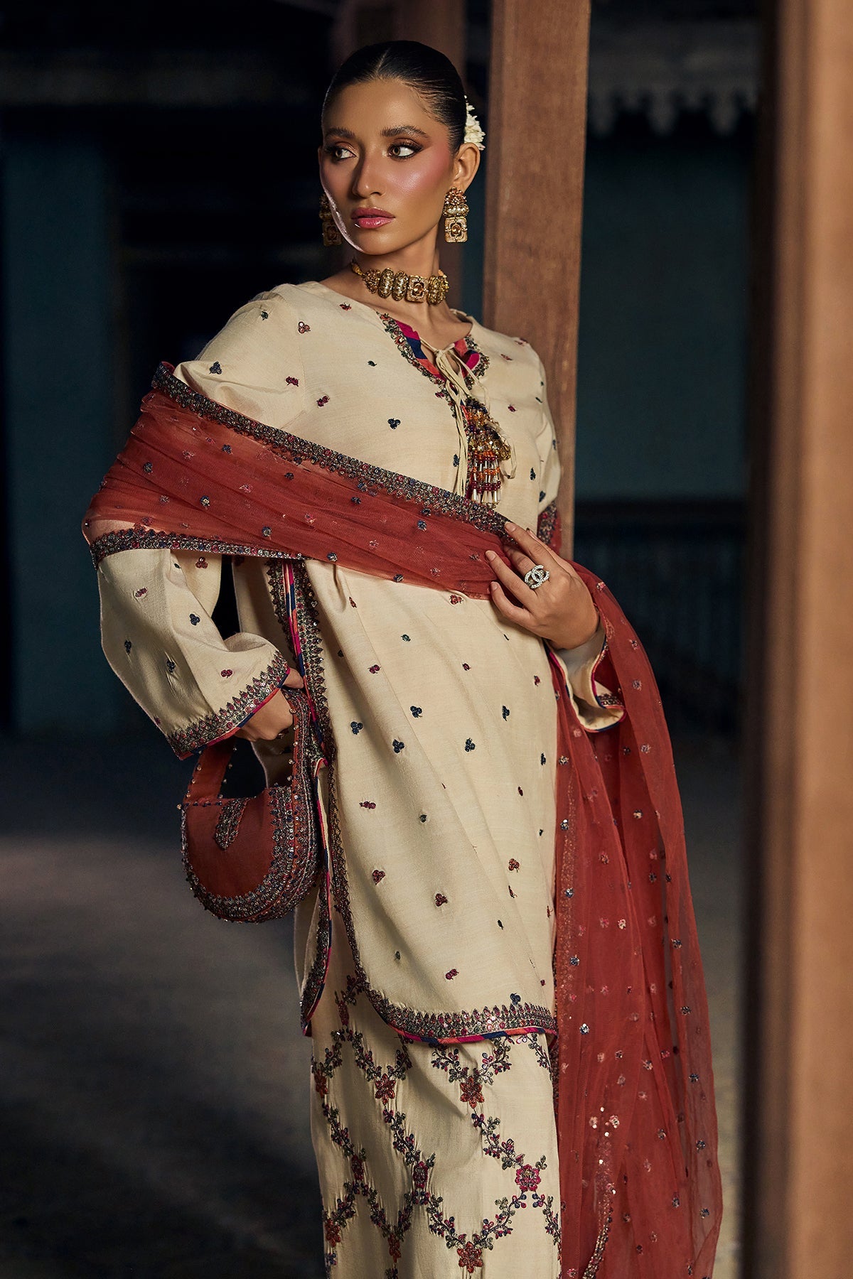 3-PC Embroidered Raw-Silk Suit By Charizma
