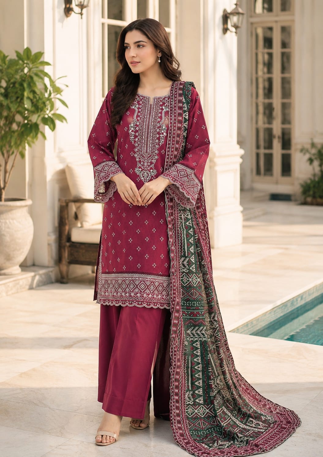Bin Saeed Embroidered Lawn With Cotton Duptta