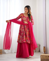 Rani Pink Color Raman silk Printed Plazzo Suit