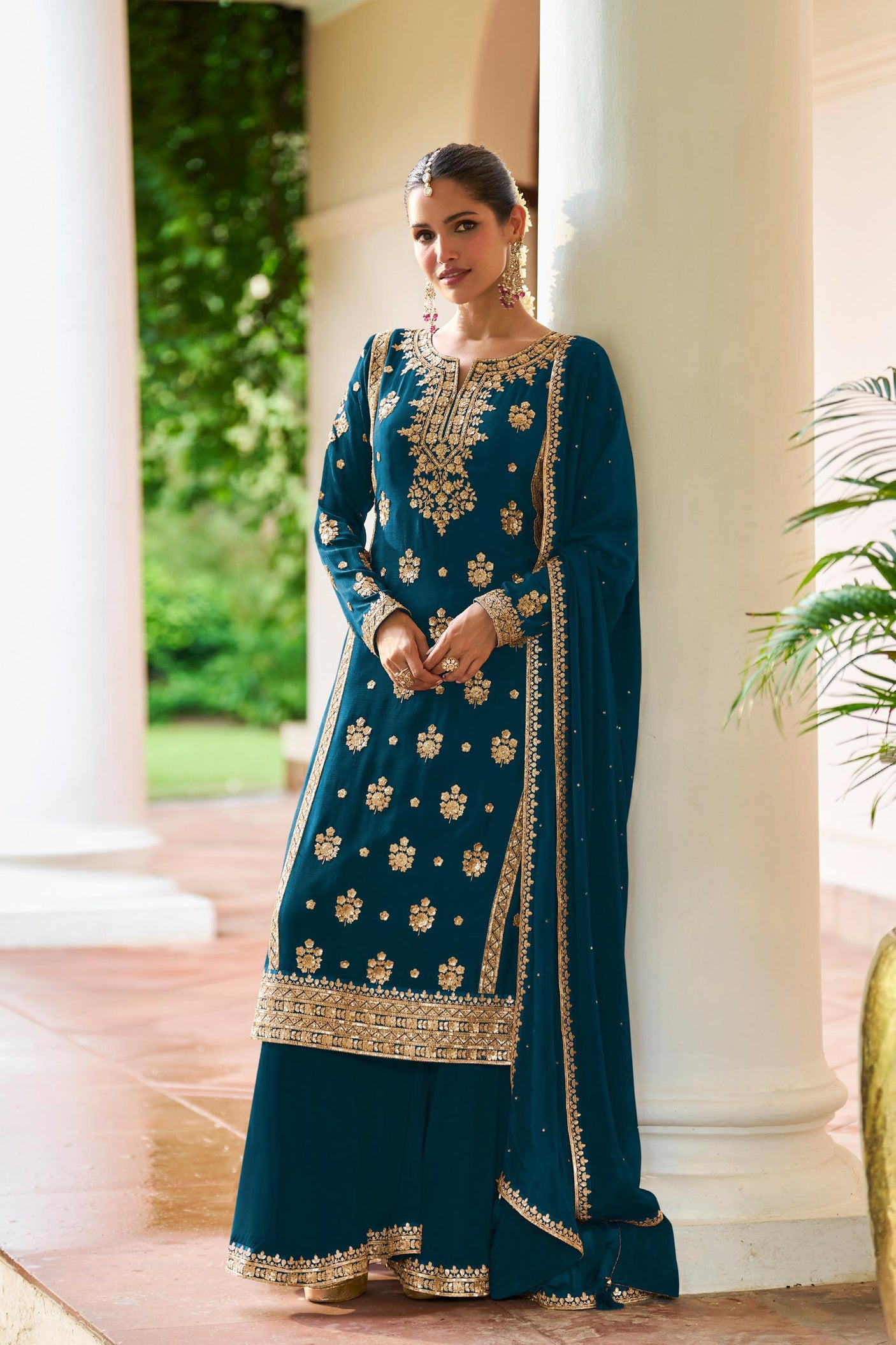 Teal Chinnon Silk Palazzo Suit