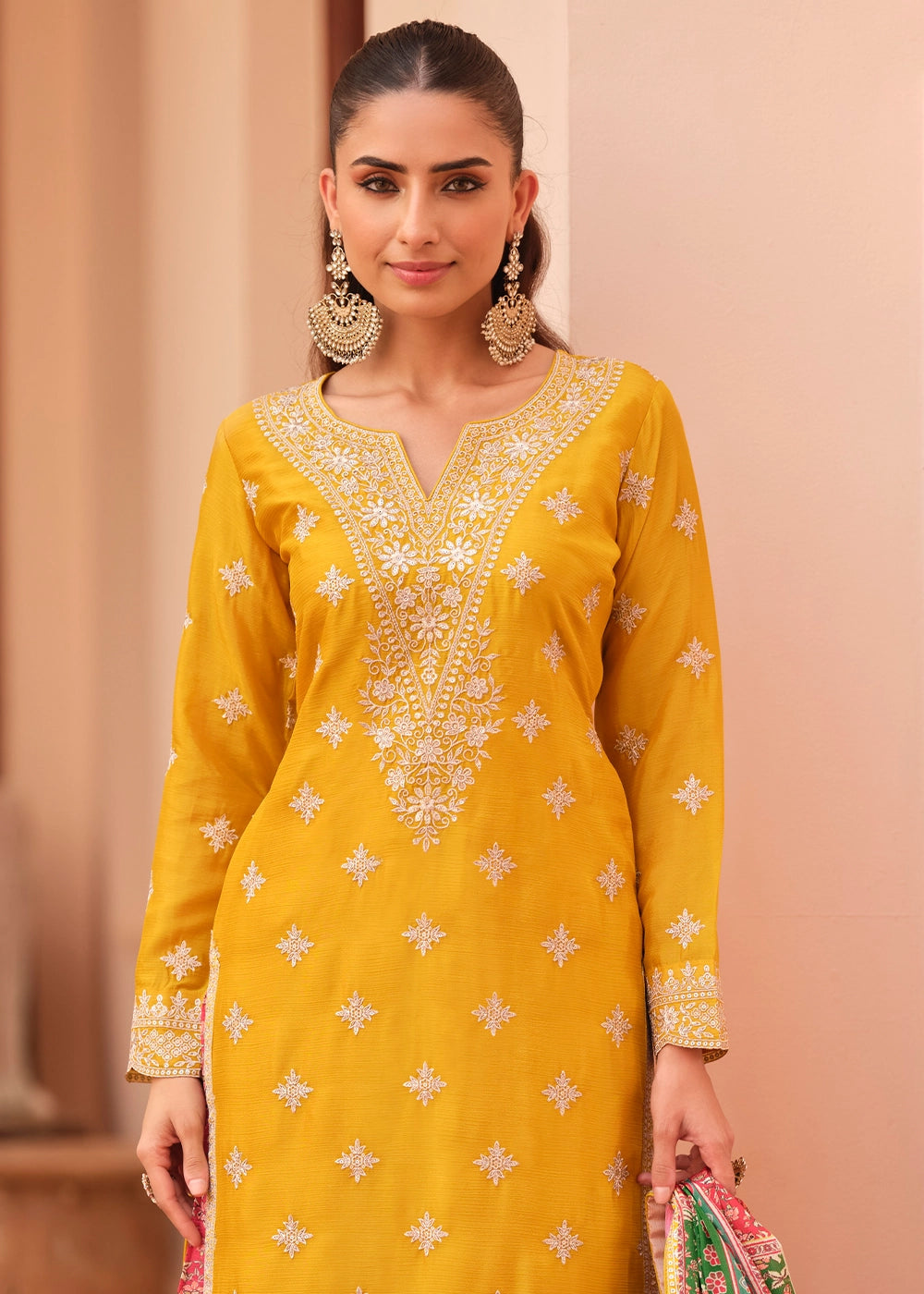 Canary Yellow Embroidered Chinon Silk Kurta