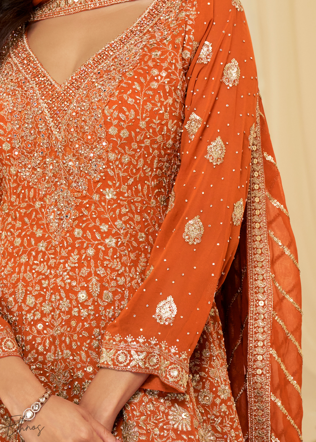 Orange Georgette Embroidered Anarkali Suit Set