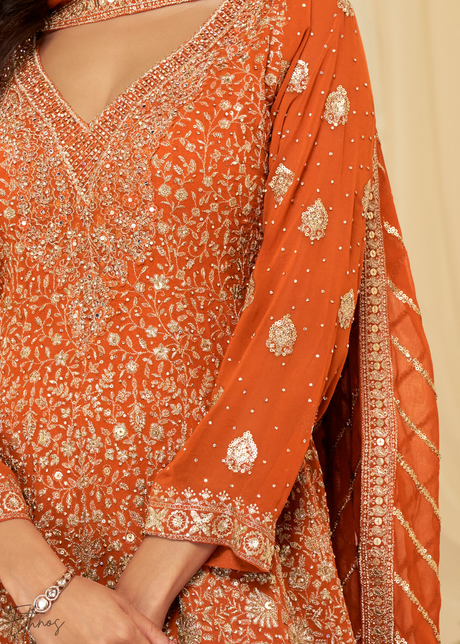 Orange Georgette Embroidered Anarkali Suit Set