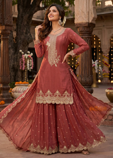 Rust Brown Tora Silk Embroidered With Palazzo