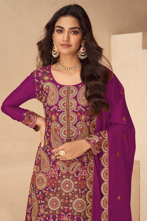 Pink  Embroidered Chinon Suit