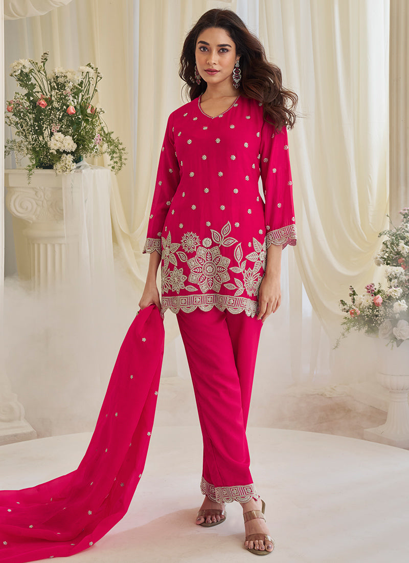 Pink Chinon Silk Embroidery Work Festival wear Salwar Suit