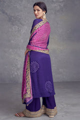 Blue Chinon Suit With Bandhej Print