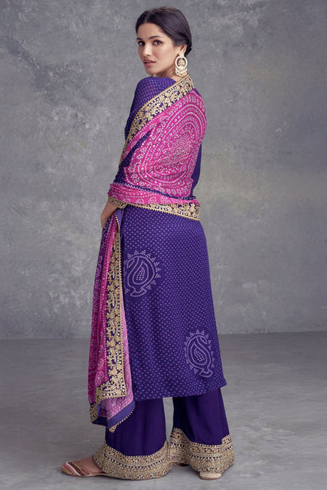 Blue Chinon Suit With Bandhej Print