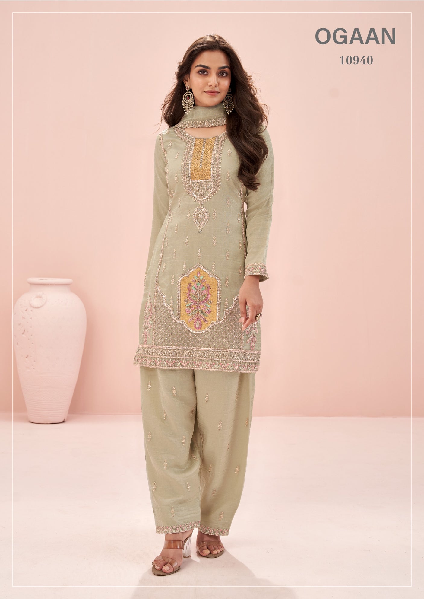 Sage Green Indian Chinon Premium Suit