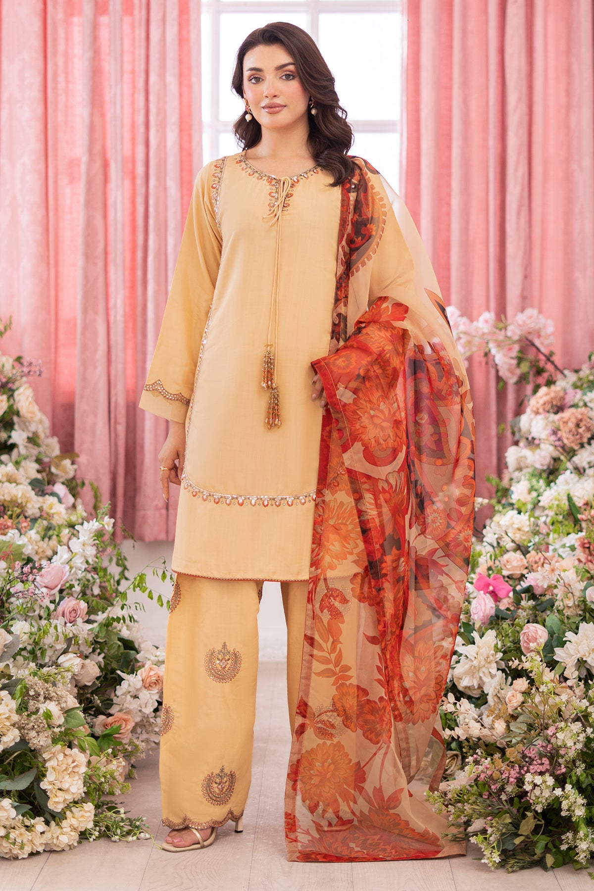 3-PC Embroidered Raw-Silk Suit by Charizma