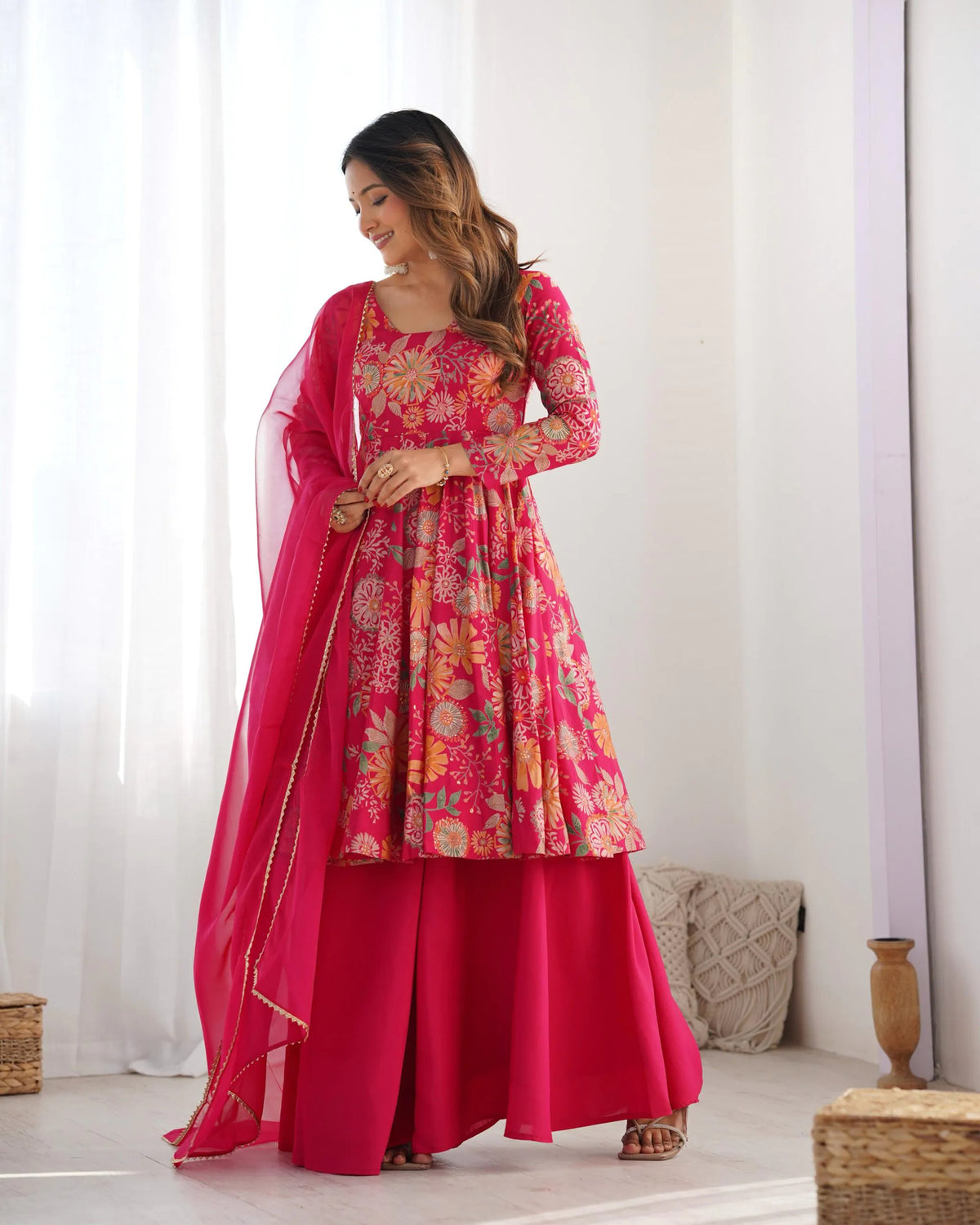 Rani Pink Silk Anarkali with Palazzo and Dupatta Set