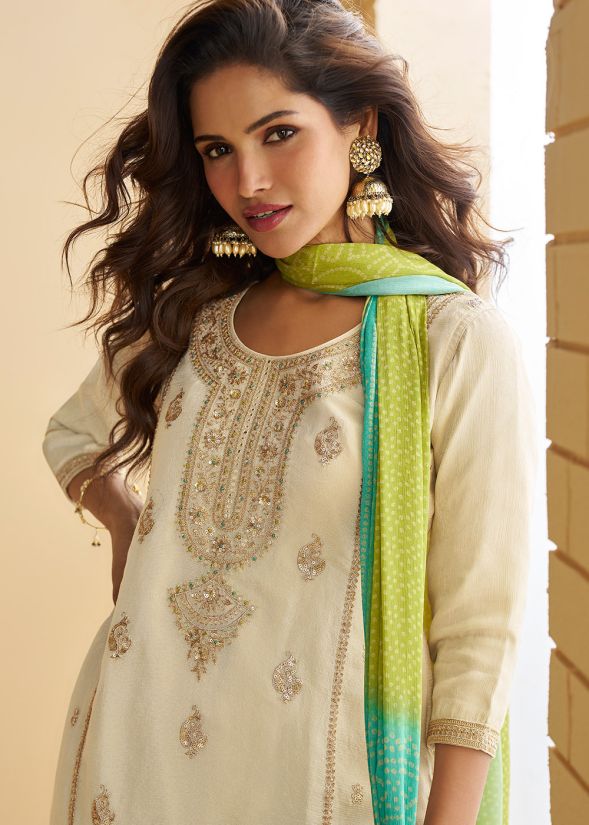 Beige Chiffon Sharara Suit With Bandhej Dupatta
