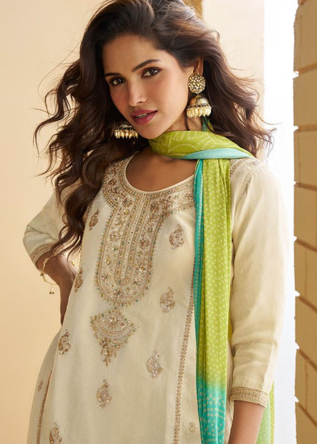 Beige Chiffon Sharara Suit With Bandhej Dupatta