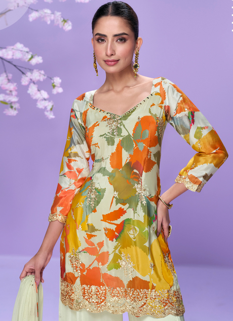 Orange & Green Floral Chinon Palazzo Suit with Dupatta