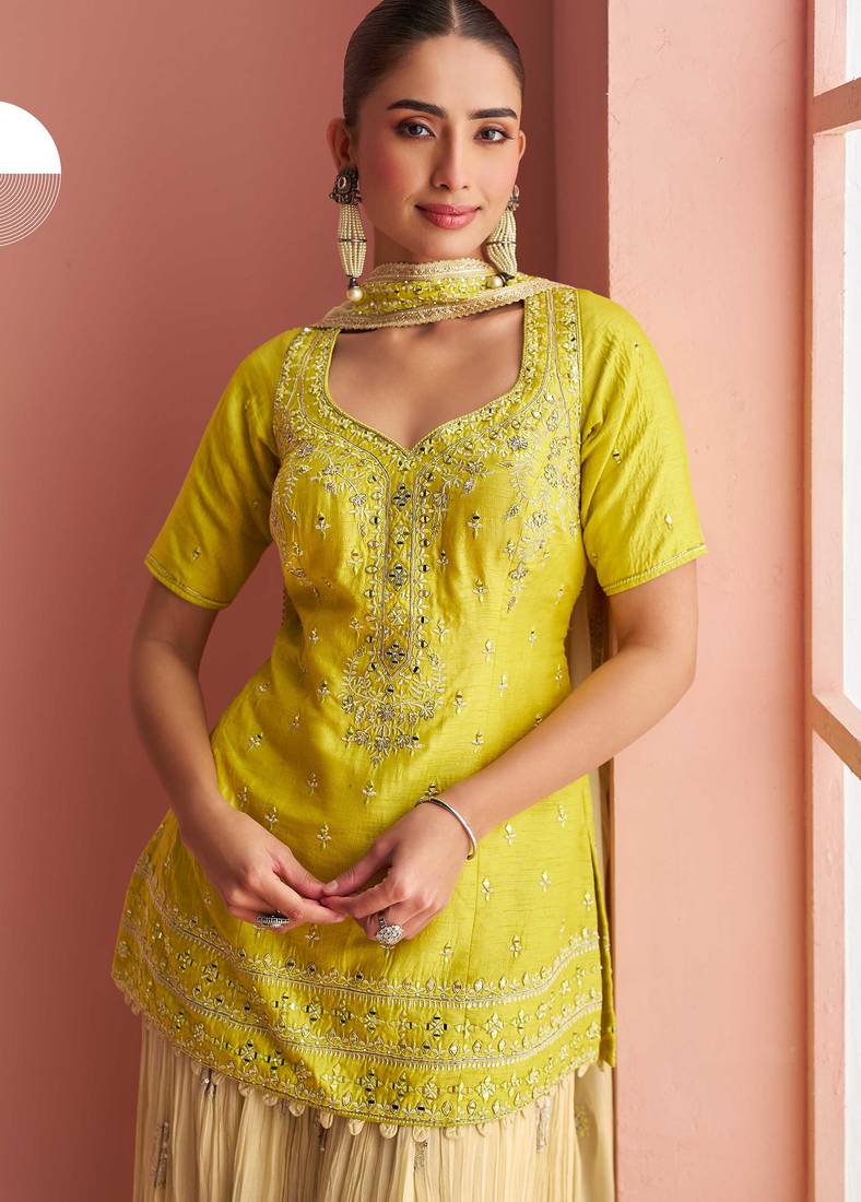 Lime Yellow Embroidery Mirror & Printed Work Chinnon Silk Suit