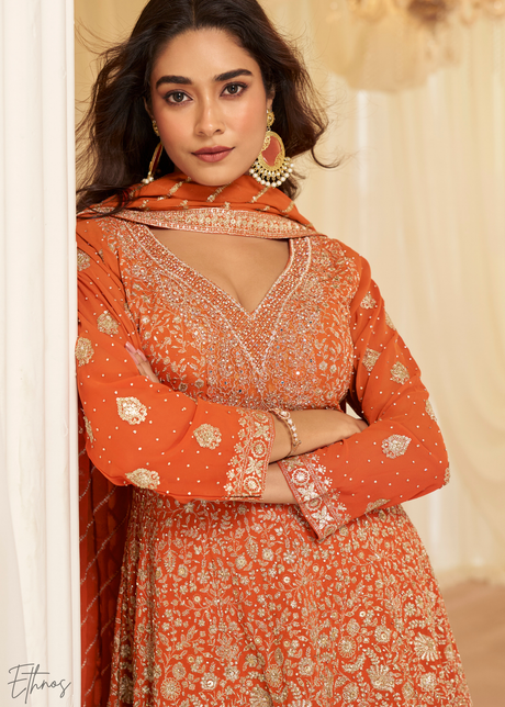 Orange Georgette Embroidered Anarkali Suit Set