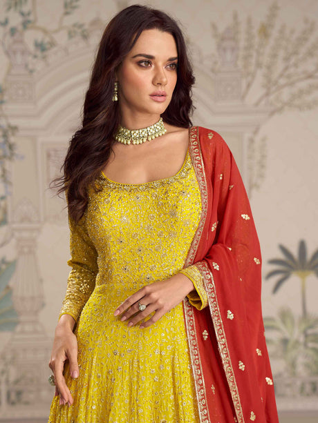 Yellow Heavy Georgette Anarkali Gown with Zarkan Embroidery & Dupatta