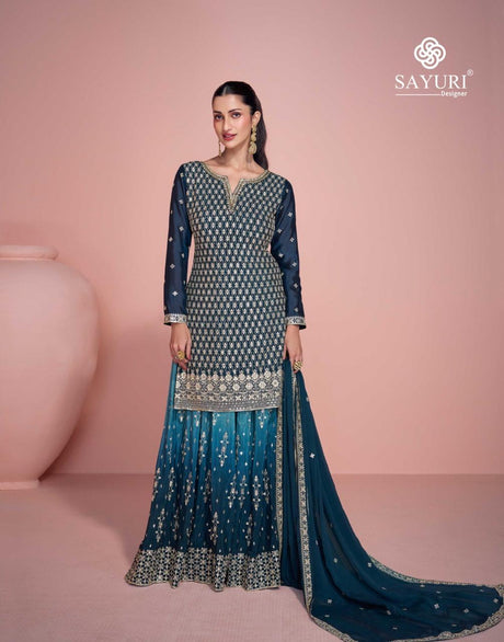 Teal Elegance Embroidered Chinon Silk Top with Front & Back Sharara and Dupatta