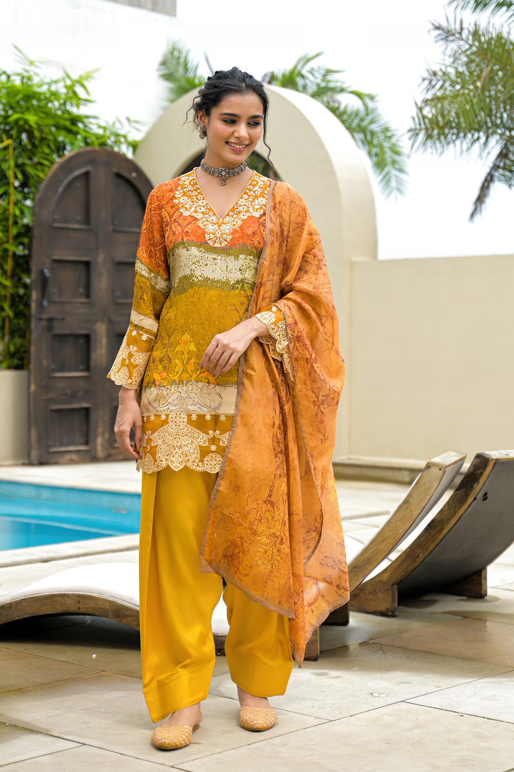 Mustard Crepe Silk Embroidered Straight Cut Suit Set