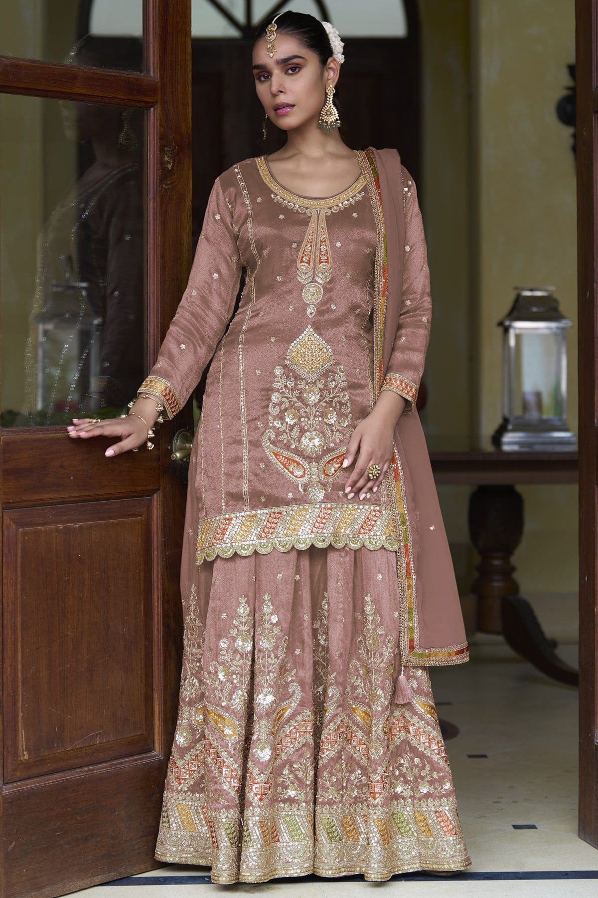 Dusty Rose Simmer Silk Kameez with Skirt Suit