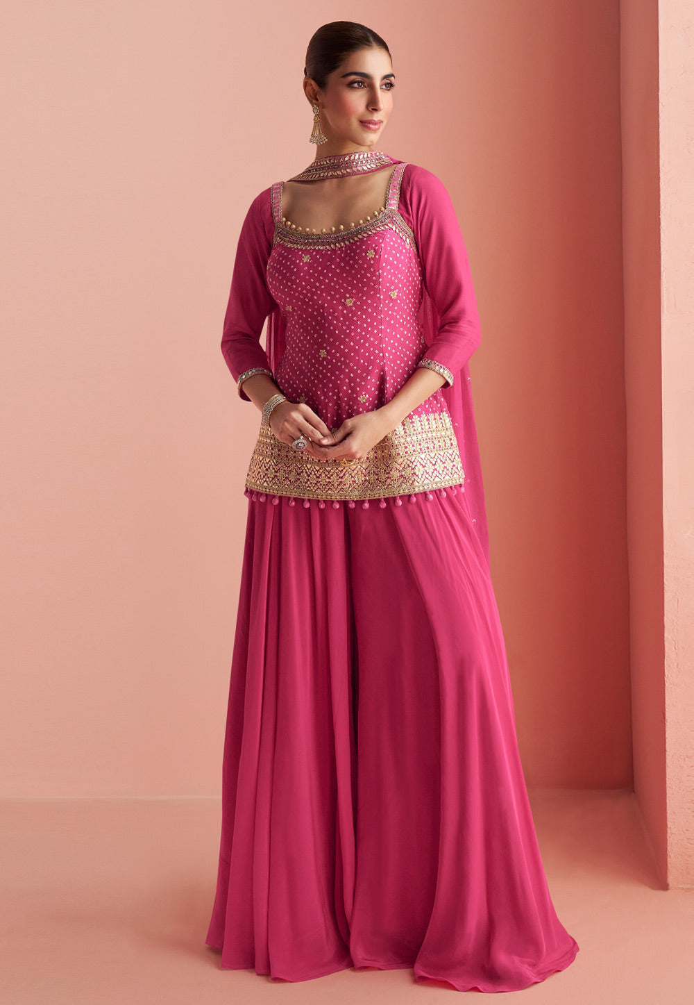 Pink Chinon Silk Palazzo Suit By Sayuri