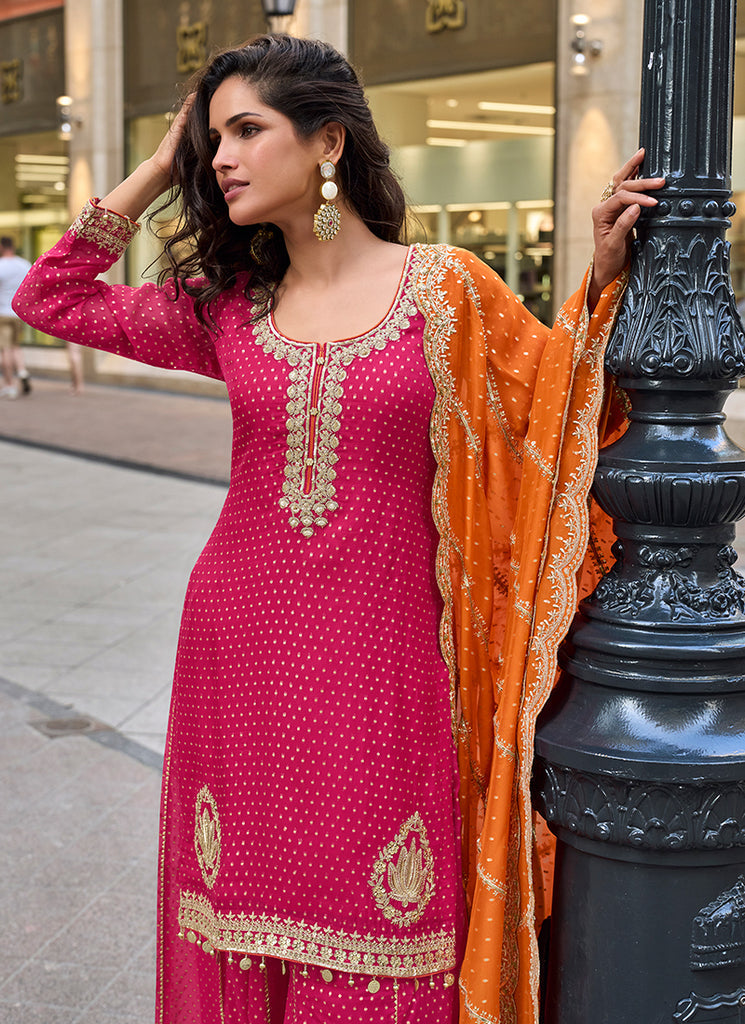 Pink Embroidery Party Wear Gharara Suit With Orange Dupatta