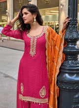 Pink Embroidery Party Wear Gharara Suit With Orange Dupatta