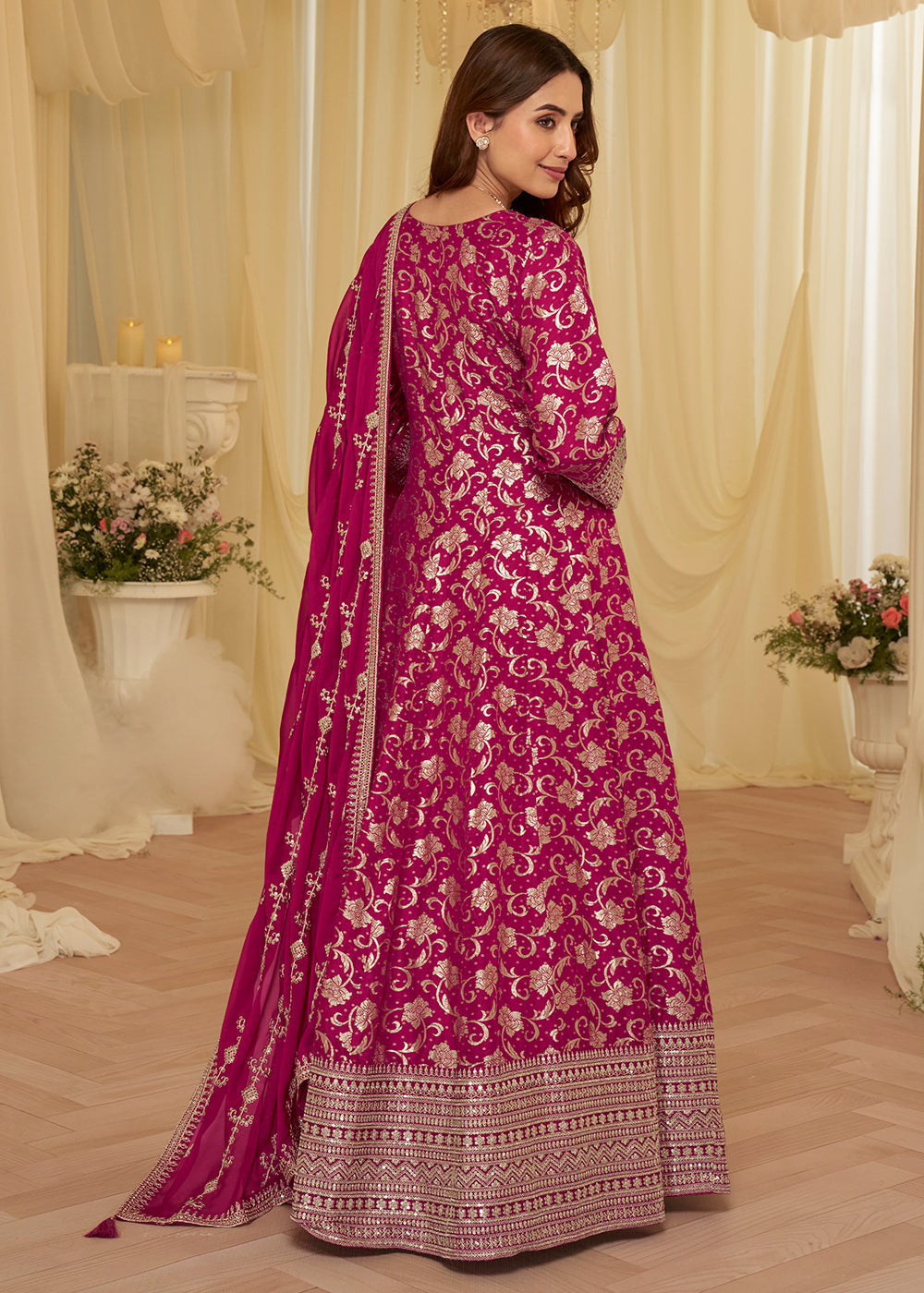 Pink Viscose Jacquard Silk With Embroidery Work Anarkali Suit