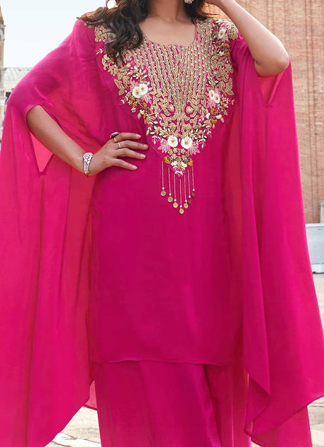 Rani Pink Crepe Silk Zari Beads Sequins Zardosi