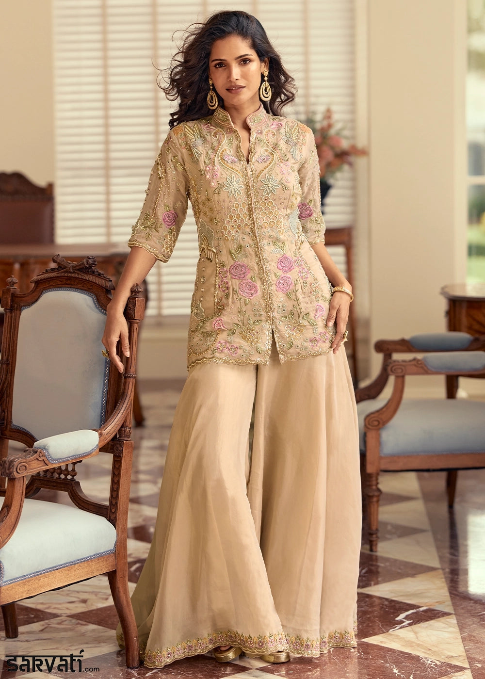 Beige Brown Simar Silk Palazzo Suit