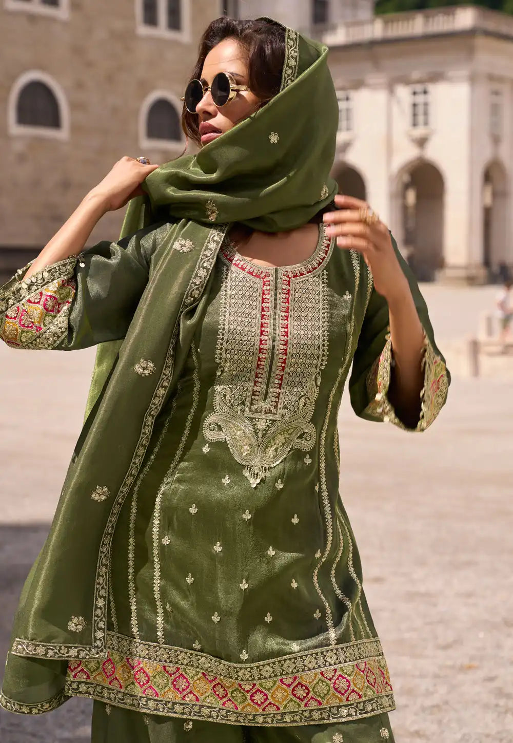 Mehndi Shimmer Palazzo Suit