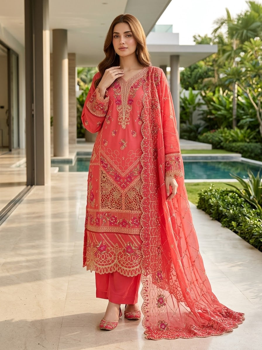 Bin Saeed Luxury Embroidered Lawn With Chiffon Embroiderd Dupatta