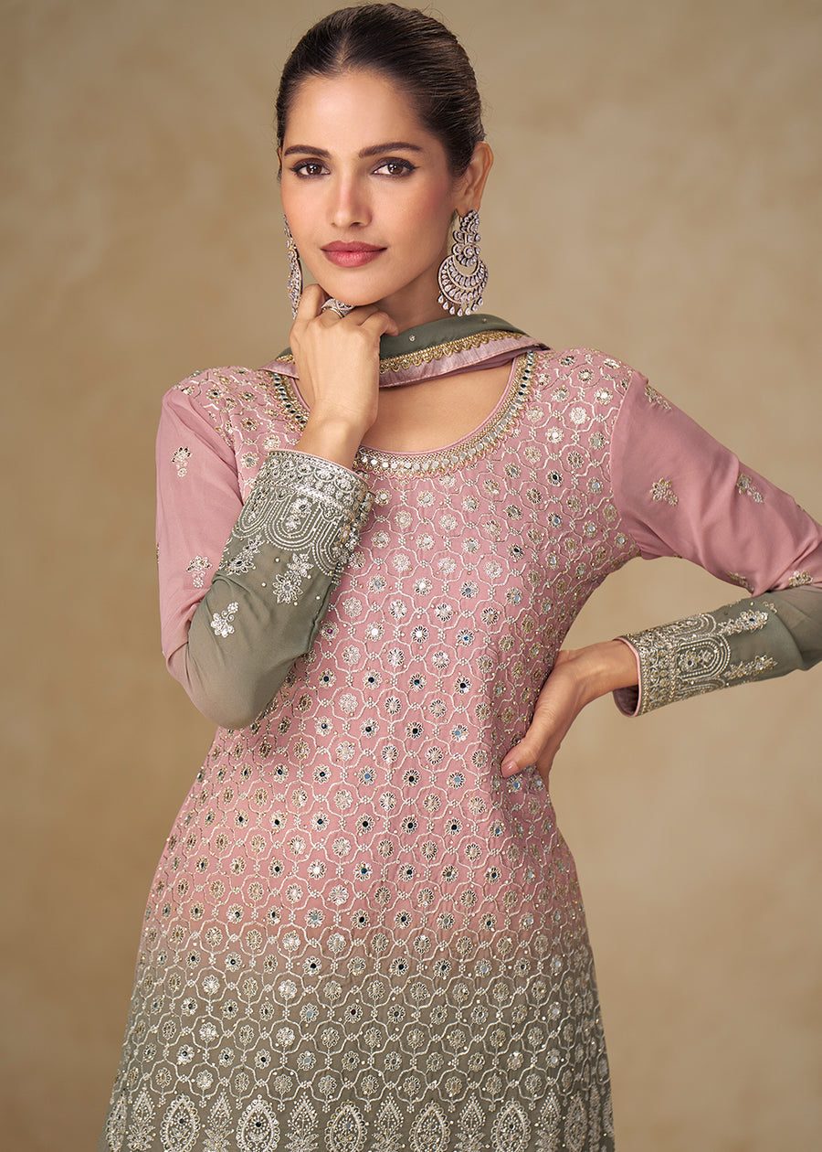 Pink & Grey Mirror Handwork Georgette Palazzo Suit
