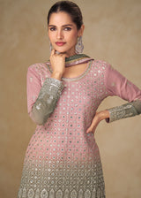 Pink & Grey Mirror Handwork Georgette Palazzo Suit