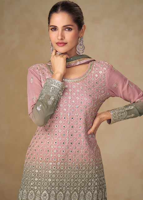 Pink & Grey Mirror Handwork Georgette Palazzo Suit