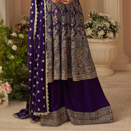 Violet Purple Embroidered Function Wear Palazzo Suit