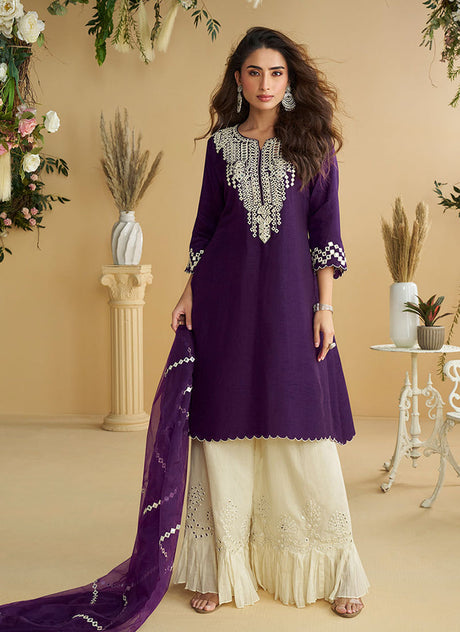 Purple And Cream Mirror Work Embroidery Palazzo Style Suit