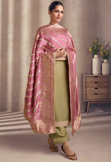 Embroidered Art Silk Suit in Dusty Green