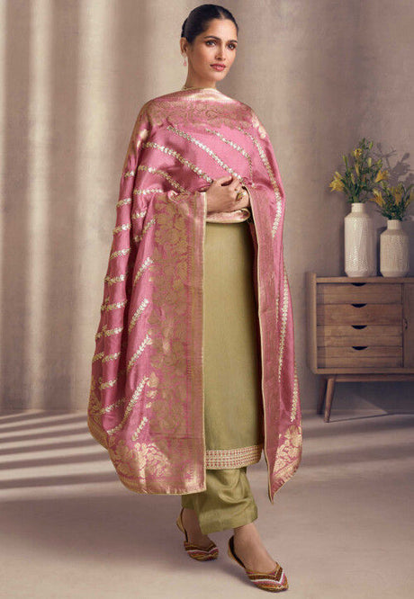 Embroidered Art Silk Suit in Dusty Green